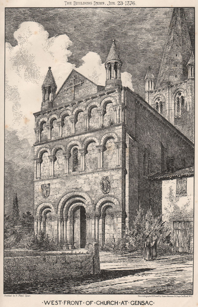 West front of church at Gensac. Gironde 1876 old antique vintage print picture